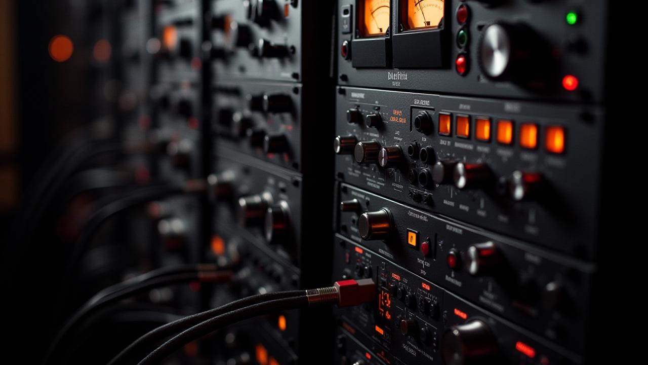 高価なアウトボードギアとプロセッサーが並んだ機材ラック棚